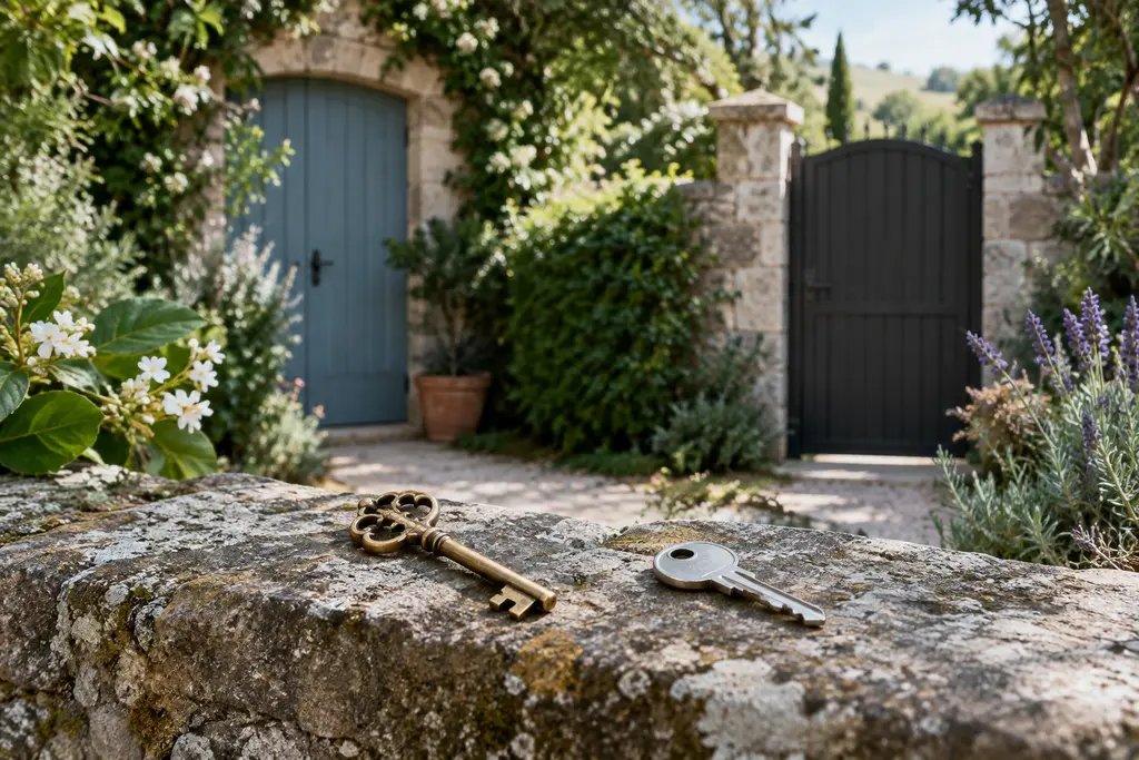 Deux clés distinctes reposent sur un muret devant deux portes de jardin.