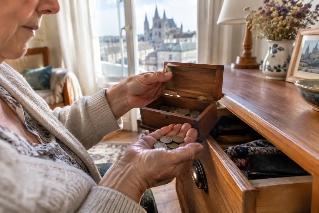 Les mains d’une retraitée ouvrent une boîte en bois et en retirent quelques pièces.