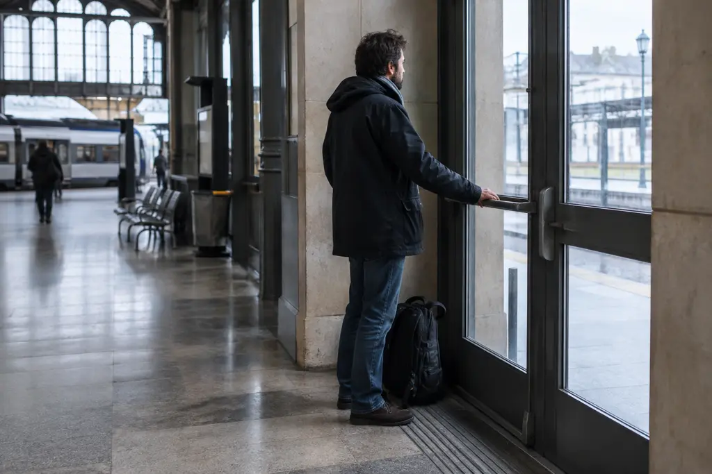 Un voyageur attend près d’une porte fermée dans une gare calme de Limoges.