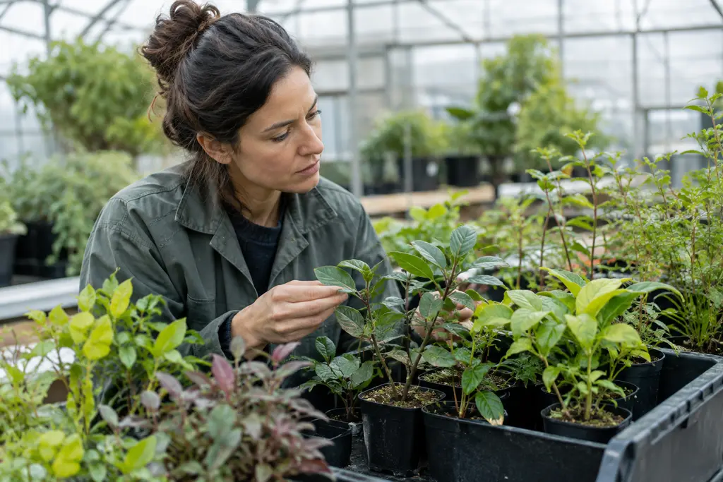 Une jardinière compare plusieurs jeunes plants dans une pépinière lumineuse.