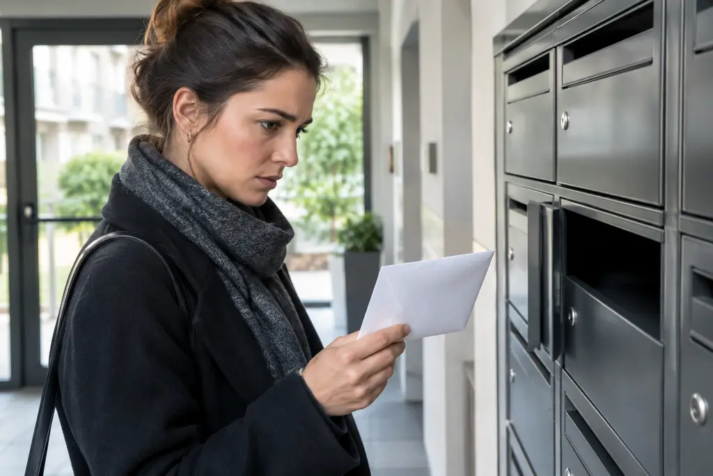 Une personne examine prudemment une enveloppe inconnue près de boîtes aux lettres.
