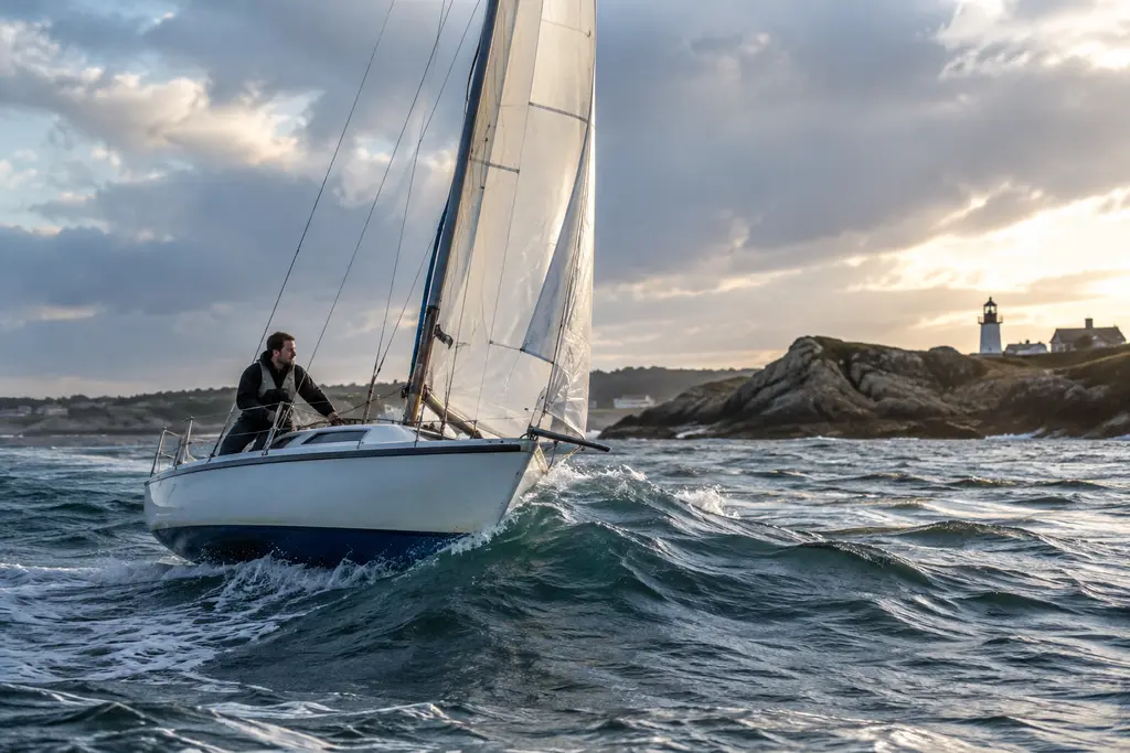 Un voilier ajuste ses cordages face à une vague plus forte près de la côte bretonne.