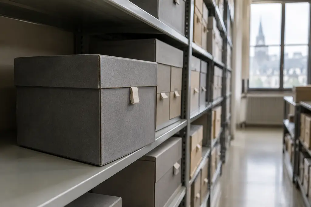 Une boîte d’archives isolée se détache devant une rangée de boîtes similaires.
