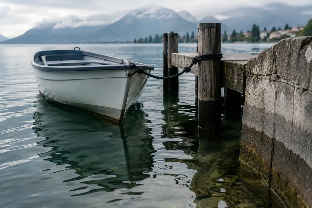 Une barque amarrée se balance près des traces de niveau sur un quai d’Annecy.