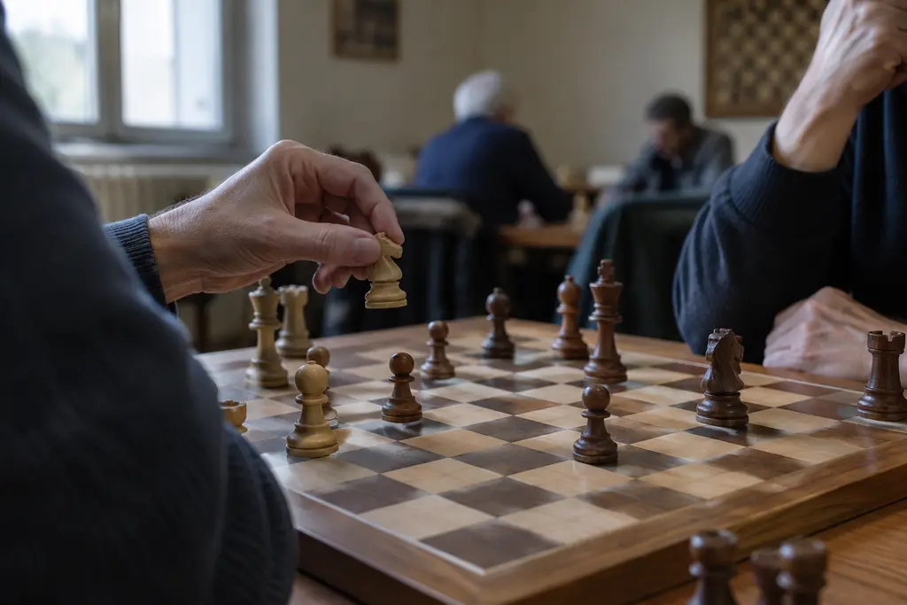 Deux joueurs d’échecs réfléchissent face à un plateau dans un club associatif.