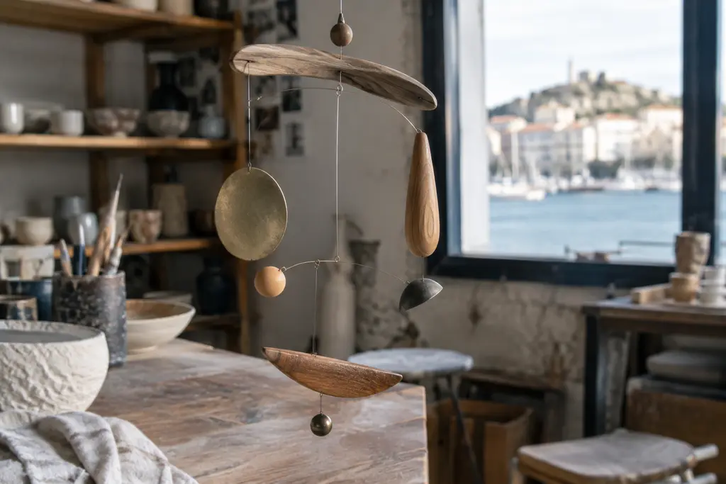 Un mobile artisanal de bois et de métal s’équilibre sous la lumière d’un atelier.