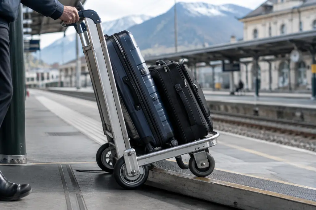 Une main retient un chariot chargé de valises sur une rampe de gare.