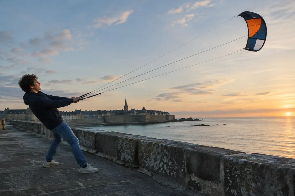 Un homme maintient les lignes tendues d’un cerf-volant sur une digue de Saint-Malo.