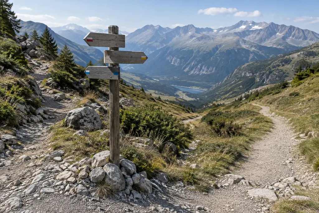 Plusieurs sentiers partent d’une bifurcation alpine bordée de végétation basse.
