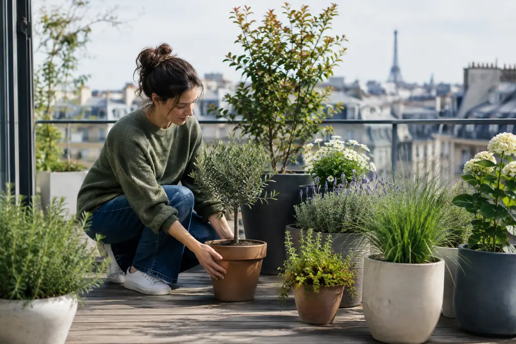 Une jardinière ajuste un pot parmi des plantes variées sur une terrasse parisienne.