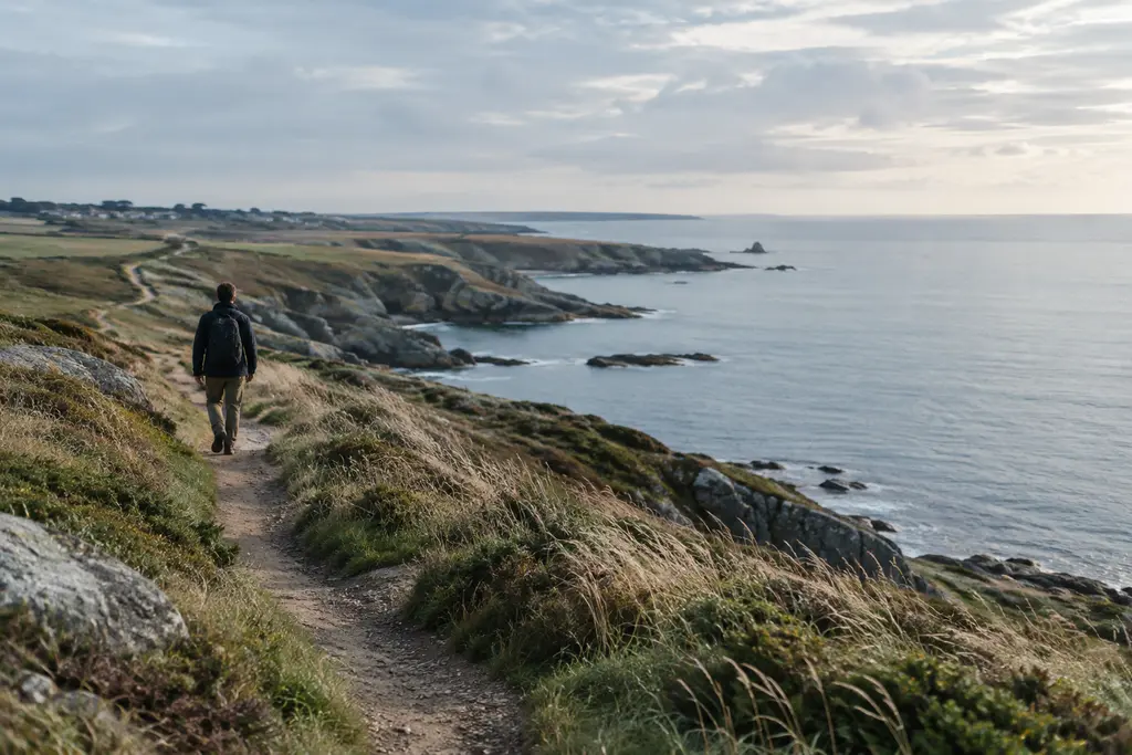 Un promeneur suit un sentier côtier qui s’étire le long des falaises bretonnes.
