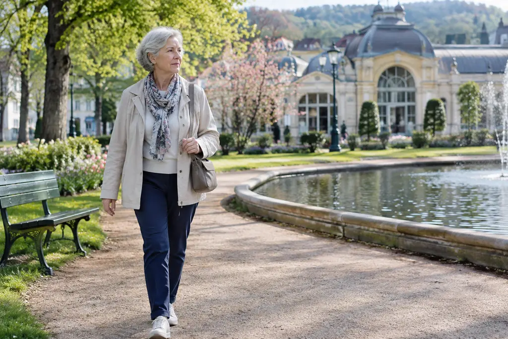 Une retraitée marche près d’un banc et d’un bassin dans un jardin public.