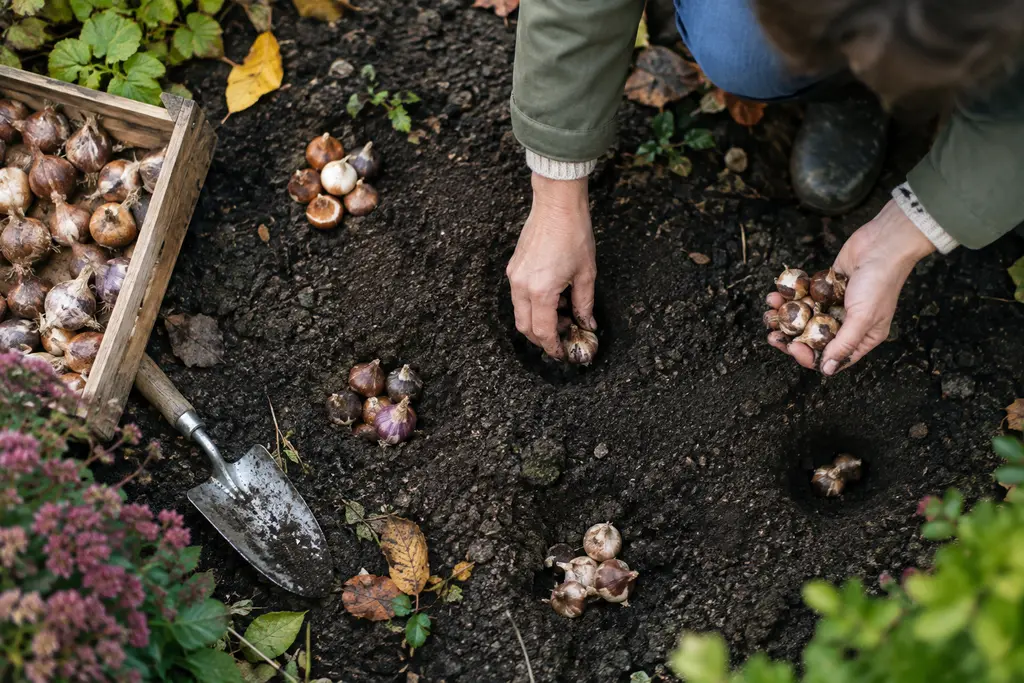 Une personne répartit des bulbes en plusieurs groupes avant de les planter au jardin.
