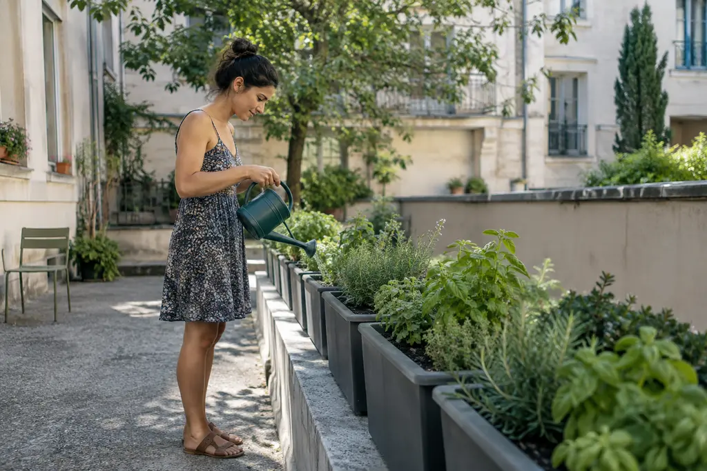 Une locataire arrose régulièrement des plantes aromatiques dans des bacs de cour intérieure.