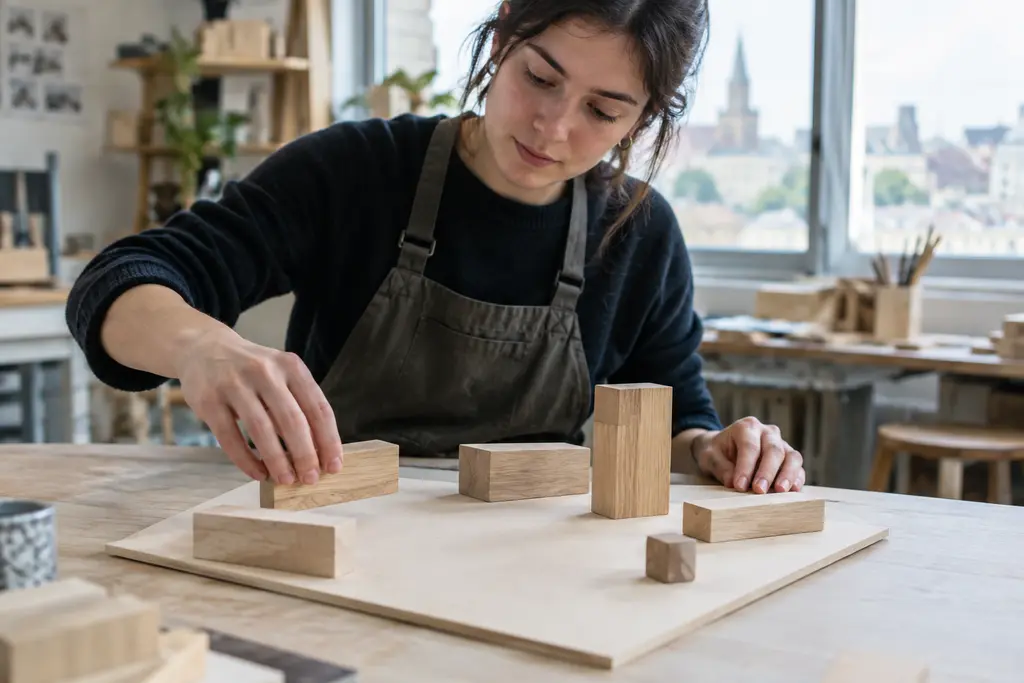 Une jeune femme organise quelques pièces de bois sur une base de maquette.