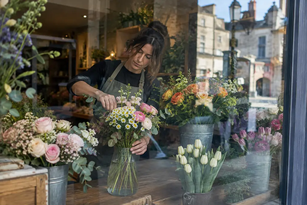 Un fleuriste réajuste quelques tiges dans une vitrine de bouquets colorés.
