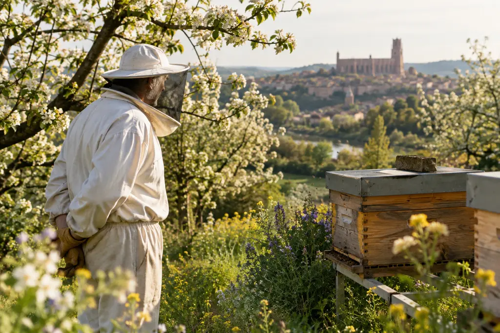 Un apiculteur observe une ruche au milieu d’un verger en fleurs.
