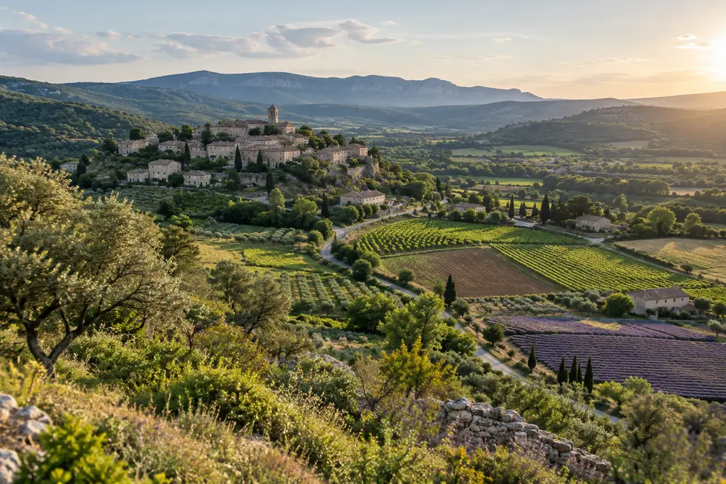 Des parcelles agricoles variées entourent un village vu depuis une colline du Luberon.